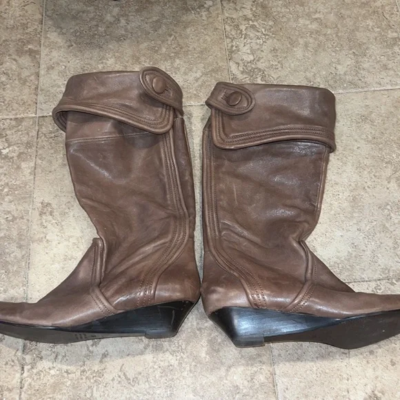 Leather Tan Wedge Boots - Picture 1 of 8